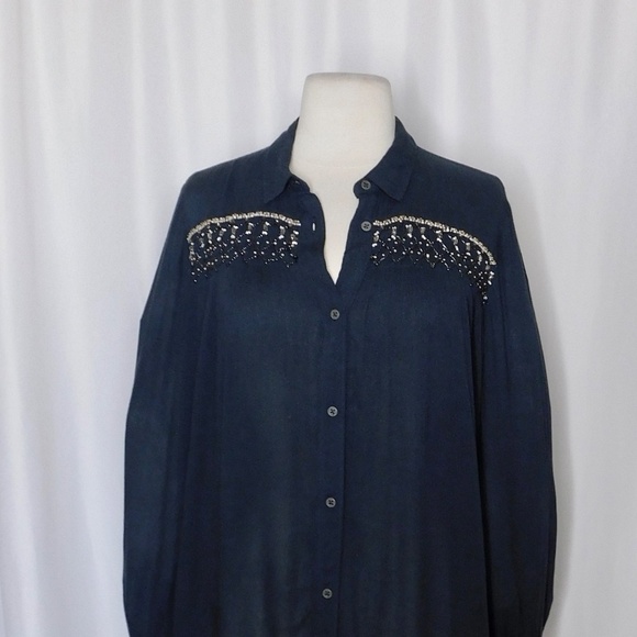 Anthropologie FLOREAT Beulah Navy Blue Beaded Top Blouse Tunic Beading Small - Picture 4 of 15